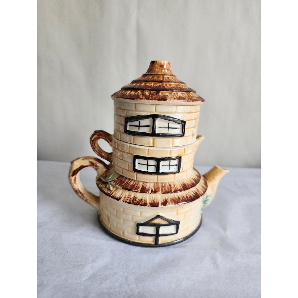 Vintage Ceramic Tea for One Set Stackable Cottage Lighthouse Teapot Creamer Lid